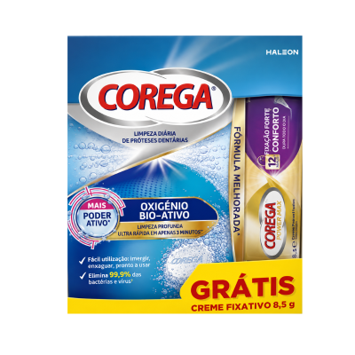 7609933 Corega Pack Bio-Activo Pastilhas x30 + OFERTA Creme Fixação 8,5g Próteses Dentárias