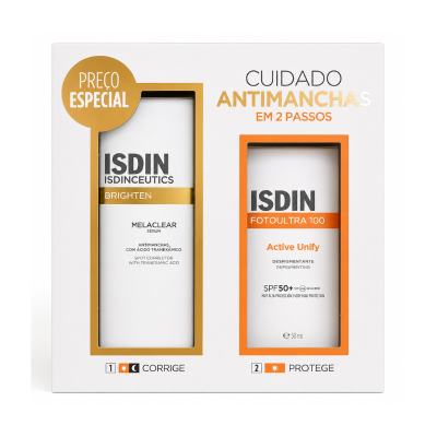 7555342  Isdin Coffret Cuidado Antimanchas Fotoultra 100 SPF50+ + Melaclear Sérum