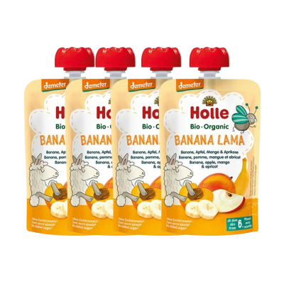 7640230494298 Holle Multipack 4 Saquetas Puré de Fruta Banana Lama 4x100g - Banana, Maçã, Manga e Alperce