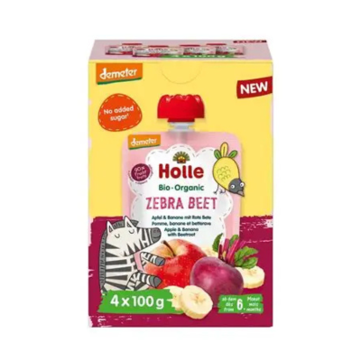 Holle Multipack 4 Saquetas Puré de Fruta Zebra Beet 4x100g | Farmácia d'Arrábida