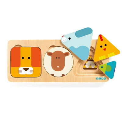 3070900062061 Djeco AnimaBasic Puzzle de Madeira de 3 Níveis com Animais e Formas 9 Peças