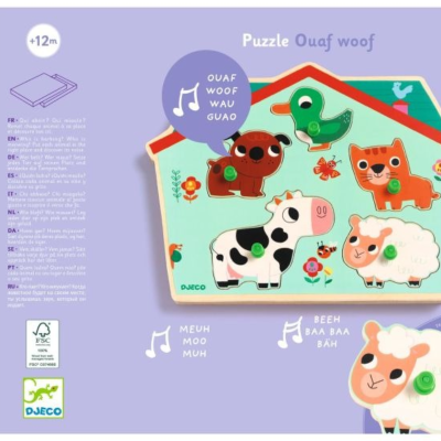 Djeco Ouaf Woof Puzzle Sonoro Madeira 5 Animais | Farmácia d'Arrábida