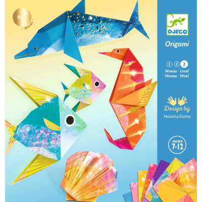 Djeco Origami Animais Marinhos - Kit Criativo Nível 3 Dobragens de Papel com Detalhes Dourados para Crianças a partir dos 7 Anos