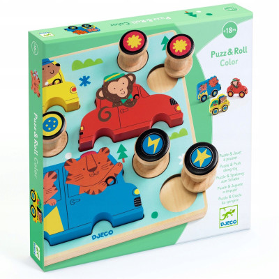 3070900010796 Djeco Puzz&Roll Color Puzzle Madeira com 3 Veículos de Rodas - Para Crianças a partir dos 18 Meses