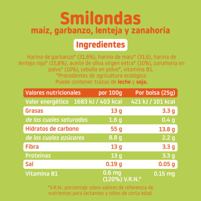 Smileat Smilondas Snack Milho com Lentilhas e Cenoura Biológico +15M 25g | Farmácia d'Arrábida