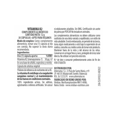 Viridian Vitamin K2 50Ug 30Cápsulas | Farmácia d'Arrábida