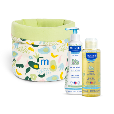 7548503 Mustela Cesto + Hydra Leite 300ml + Óleo de Massagem 100ml