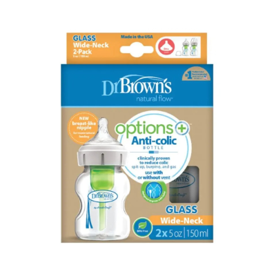 0072239328279 Dr. Brown's Biberão de Vidro Anti-Cólicas Options+ 2x150ml | Boca Larga | Sistema Ventilação