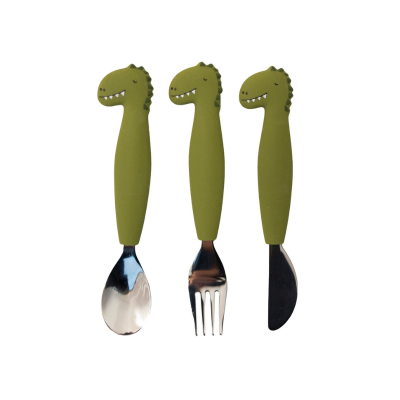 TRIXIE Conjunto de Talheres Mr. Dino Garfo, Colher e Faca em Silicone para Crianças +12M