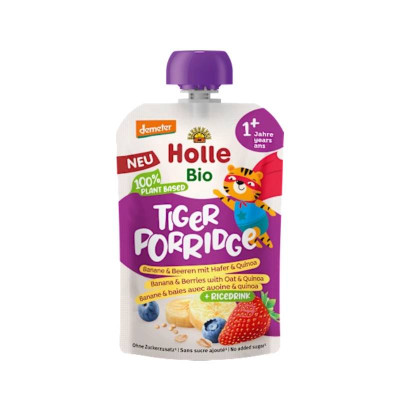 7640230492805 Holle Bio Puré Saqueta Tiger Porridge 110g +1 Ano | Banana, Frutos vermelhos, Aveia, Quinoa e Arroz