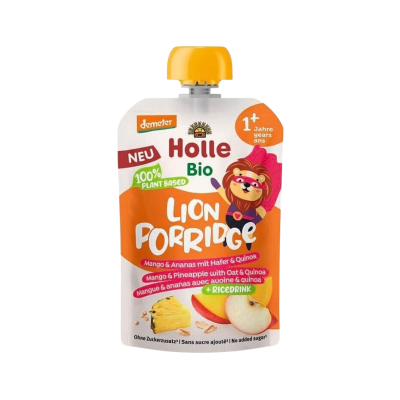 7640230492768 Holle Bio Puré Saqueta Lion Porridge 110g +1 Ano | Maçã, Manga, Arroz, Aveia e Quinoa