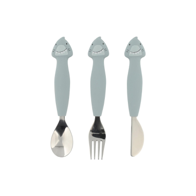 TRIXIE Conjunto de Talheres Mr. Shark Garfo, Colher e Faca em Silicone | Para Crianças +12M