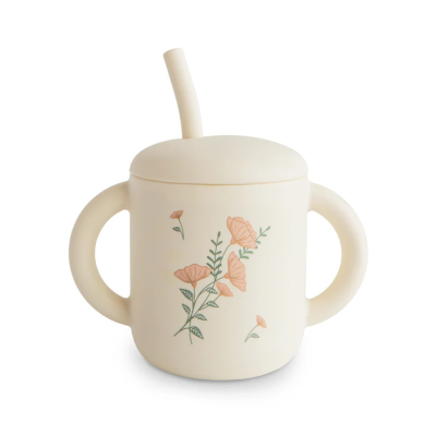 0840355801484 Mushie Copo Didático com Palha Pink Flowers 175ml | Silicone 6 Meses+