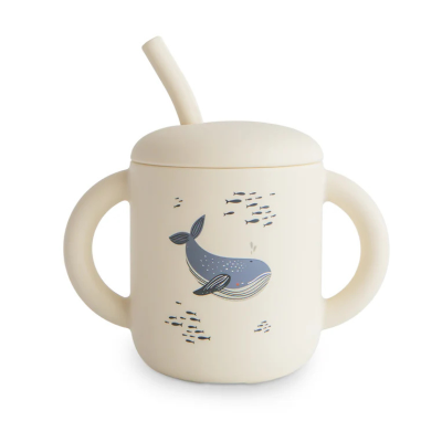0840355801491 Mushie Copo Didático com Palha Whales 175ml | Silicone 6 Meses+