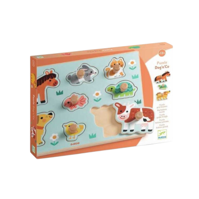 3070900011229 Djeco Puzzle com Pega Animais Dog'n'Co 12+ Meses | 8 Peças Madeira