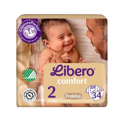 7552174 Libero Comfort 2 Fraldas 3-6kg | 34 Fraldas - Proteção 12h Contra Fugas