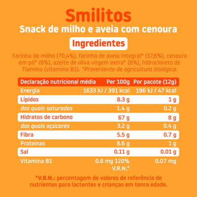 Smileat Smilitos +8M Milho Aveia Cenoura 4x12g  | Farmácia d'Arrábida