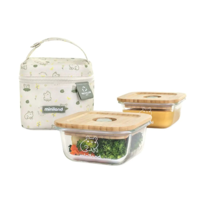 Miniland Pack2Go Recipientes Vidro Bebé 2x210ml | Tampas Bambu FSC + Bolsa Térmica | Micro-ondas, Forno, Congelador