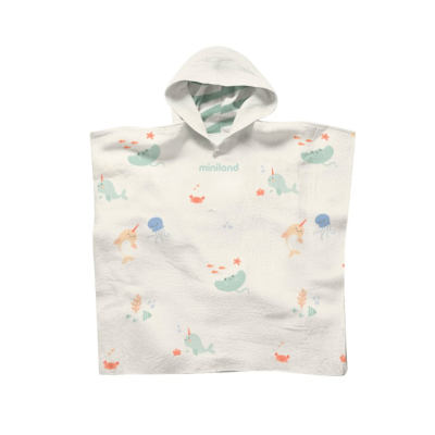 Miniland Ocean Poncho de Musselina com Capuz Bebé | Algodão Absorvente e Respirável