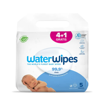 5099514400128 Waterwipes Pack Toalhitas Bio 4+1 | 5 embalagens de 60 toalhitas | 99,9% Água | Peles Sensíveis e Prematuros
