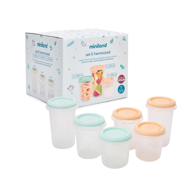 8413082897482 Miniland Set 6 Recipientes Herméticos Dreamland | 200, 250, 330ml Armazenar e Congelar Comida de Bebé
