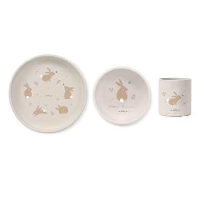 Saro Conjunto Alimentação Silicone Bebé Foodie Cotton Bunnies | Prato, Tigela e Copo BLW Antiderrame