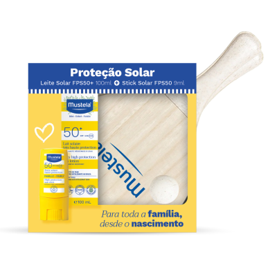 7587691 Mustela Pack Leite Solar SPF50 100ml + Stick 9ml + Raquetes | Proteção Bebé