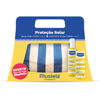 Mustela Pack Spray Leite Solar SPF50 200ml + Leite Rosto 40ml + Saco Praia | Kit Completo para Praia
