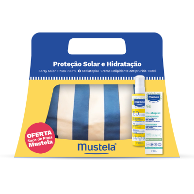 7587683 Mustela Pack Spray Solar SPF50 200ml + Stelatopia Creme 150ml + Saco Praia | Kit Completo para Praia