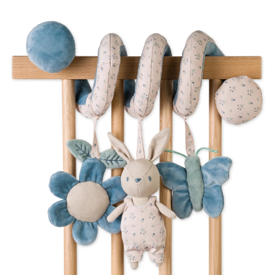 Saro Espiral com Roca Cotton Bunnies Dusty Blue - Brinquedo Sensorial para Bebé Carrinho/Berço