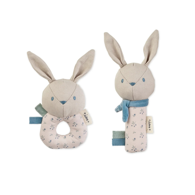 8424568213412 Saro Conjunto de Chocalhos Cotton Bunnies Dusty Blue - Brinquedo Roca Sensorial Bebé