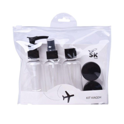 Kit Viagem Preto 5 Peças com Bolsa | Frascos Reutilizáveis 75ml + Boiões 15g