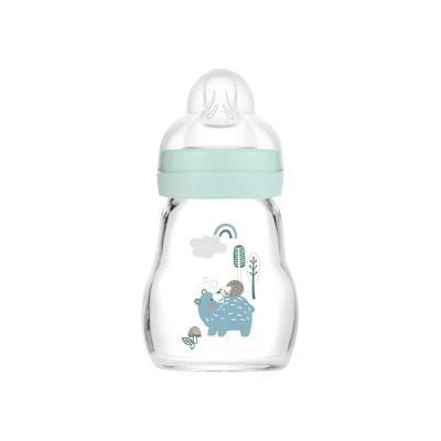 7236919 MAM Feel Good Biberão Vidro Azul 170ml +0M | Fluxo 0 ideal para leite materno com Tetina SkinSoft