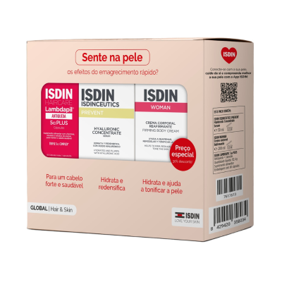 ISDIN Pack Global Hair & Skin Lambdapil 5a Plus + Hyaluronic Sérum + Creme Reafirmante | Kit 3 produtos Cabelo, Rosto e Corpo