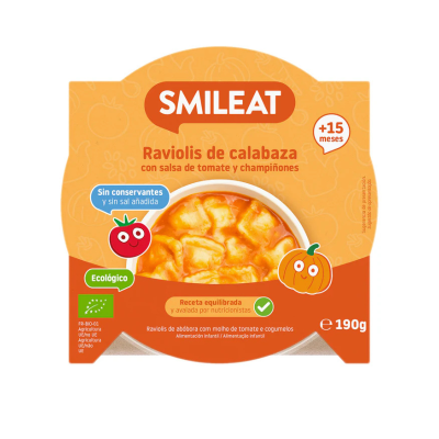 8437014583038 Smileat Refeição Raviolis Abóbora Tomate e Cogumelos Bio 190g | +15 Meses