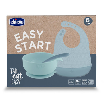 7585349 Chicco Easy Start Conjunto Papa Silicone Azul 6M+ | 3 Peças Sem BPA