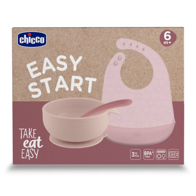 7585356 Chicco Easy Start Conjunto Papa Silicone Rosa 6M+ | 3 Peças Sem BPA