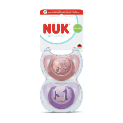 7577049 NUK First Choice Chupetas Silicone Rosa 18-36M Pack 2 | Macaco e Canguru