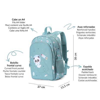 Tutete Mochila Escolar Média c/ Porta Chaves Pandas in Space 39cm | Farmácia d'Arrábida